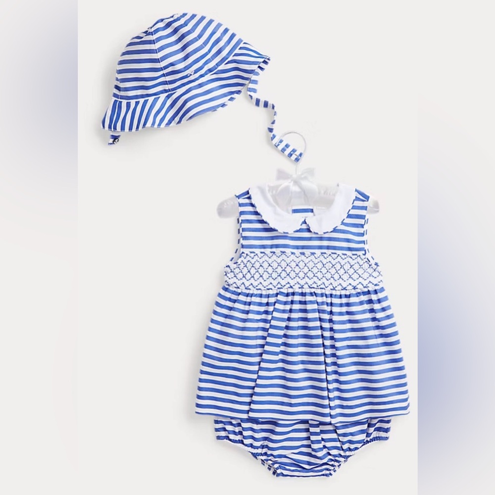 NWT Ralph Lauren Hand-Smocked Poplin Top, Hat & Bloomer - Size 24 months